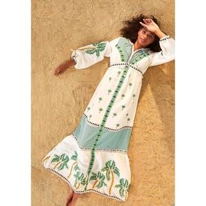 Farm Rio Sz L Palm Tree Tropical Embroidered Maxi V Neck Dress Lined Side Zip